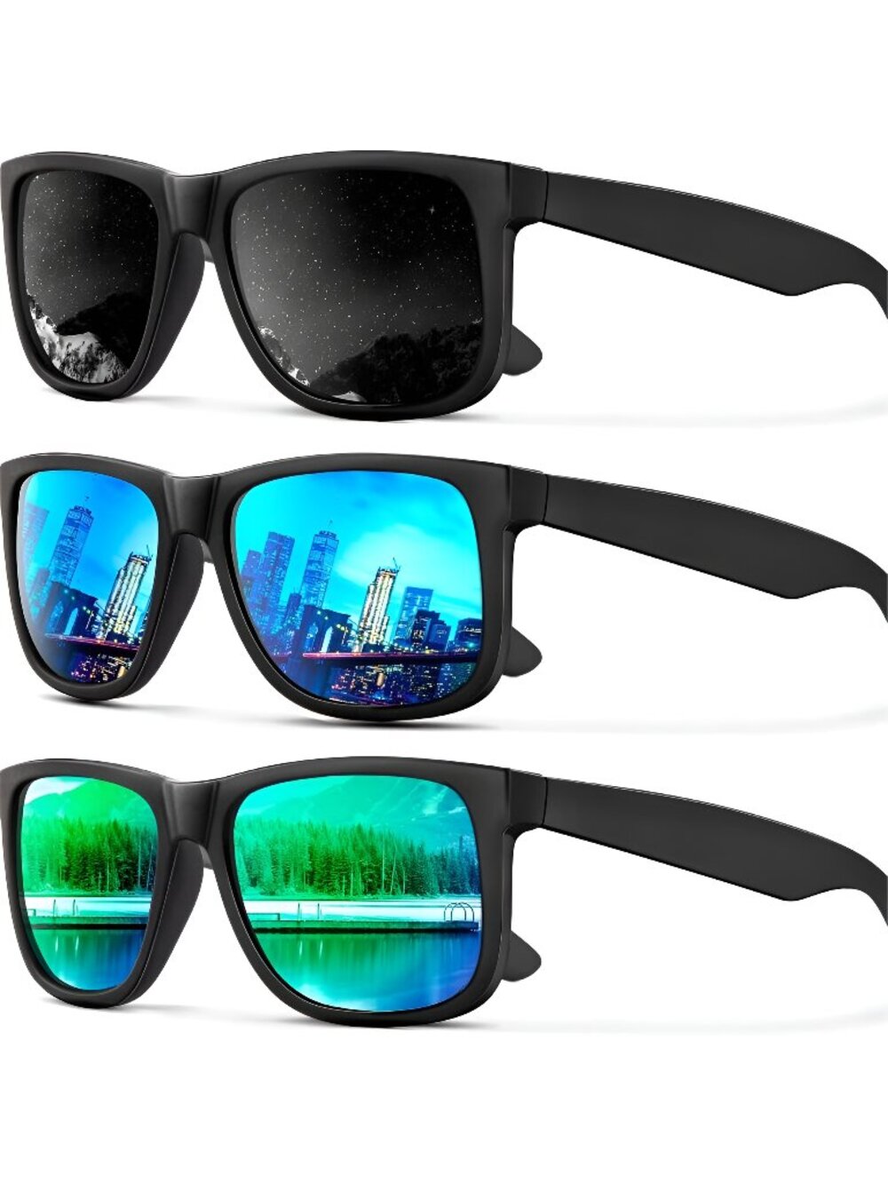 Sunglasses Polarized Sun glasses Classic Matte Black Frame UV Protection 3pack